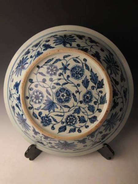 中国 明代 古染付 花唐草紋 大飾鉢 51cm 無傷 中国古玩 2Q743S