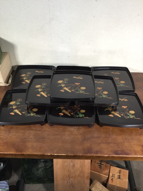 時代 蒔絵植物文蝋色四足膳 盆 10枚の内No10/17a70