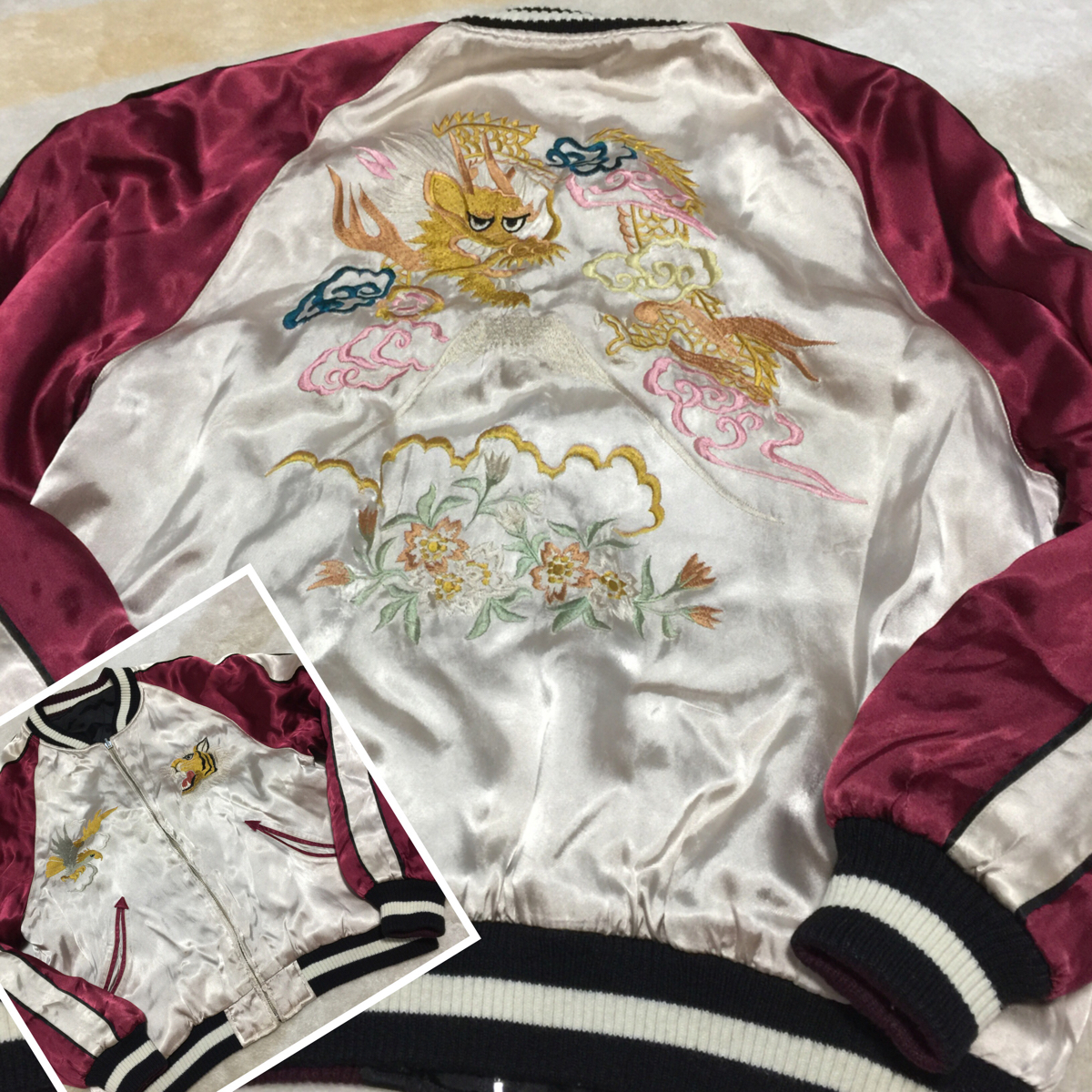 スカジャン | リバーシブル 刺繍 鷹 スカジャン☆虎×龍☆Mサイズ☆別珍 