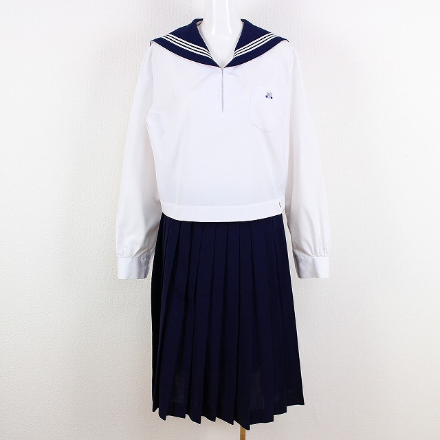 中古 170A 制服 学生 通学用 スクールウエア 中間服 長袖　白3本線 セーラー服 プリーツスカート 高砂高校 上下セット AL1276