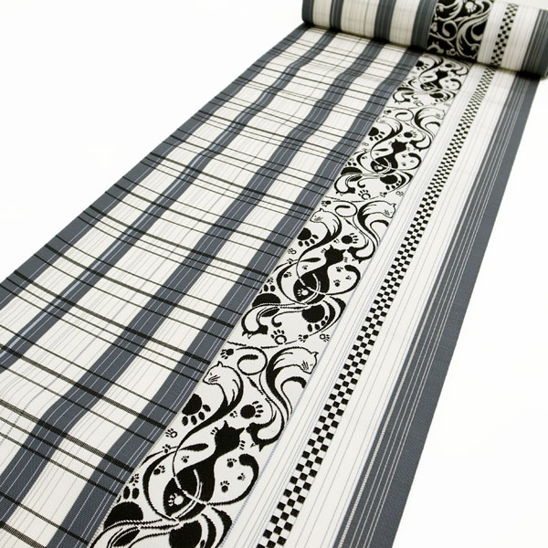 ◆みやがわ b153.名古屋帯 八寸 反物 本場筑前博多織 金印 白 グレー 黒 ねこ 猫 縞 チェック お洒落なデザイン レア