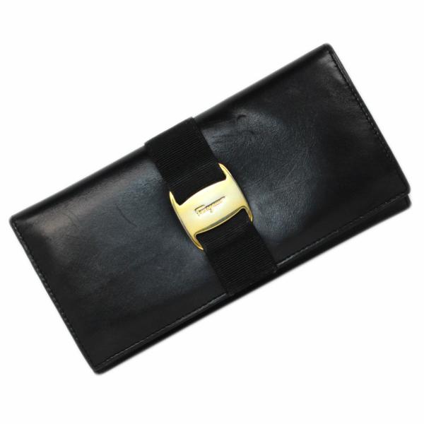 サルバトーレフェラガモ ヴァラ 長財布 22 3059 カーフ ブラック 中古Bランク ウォレット Salnatore Ferragamo ★鑑定済み本物保証★