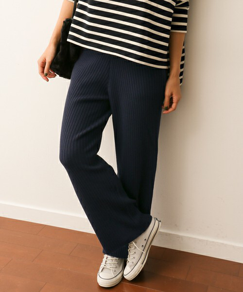 アーバンリサーチ アーバンリサーチDOORS リブニットパンツ 極美品 ネイビー ワイドパンツ ドアーズ URBAN RESEARCH DOORS ハイネックサイド