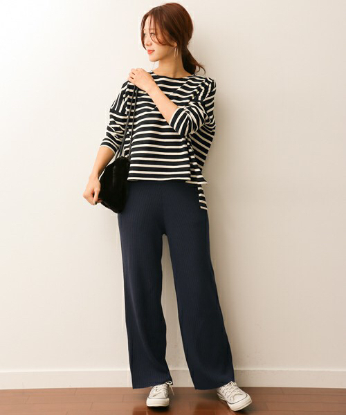 アーバンリサーチDOORS リブニットパンツ 極美品 ネイビー ワイドパンツ