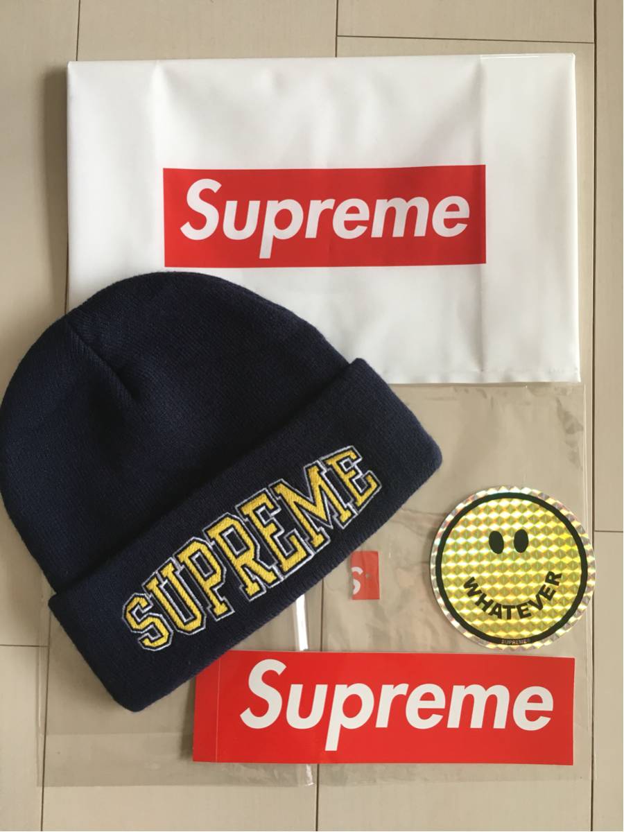 新品 supreme logo beanie シュプリーム ロゴ ビーニー ネイビー 赤タグ ステッカー 付き