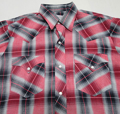 ULS9エイチバーシー hbarcアメリカ製15ウエスタンシャツ80'sビンテージ赤系ｘグレー系シャドーチェックシャツmオールドアメリカンスタイル
