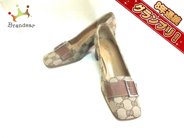 グッチ GUCCI 靴 パンプス 34 1/2 C ジャガード×レザー ベージュ×ダークブラウン レディース GG柄