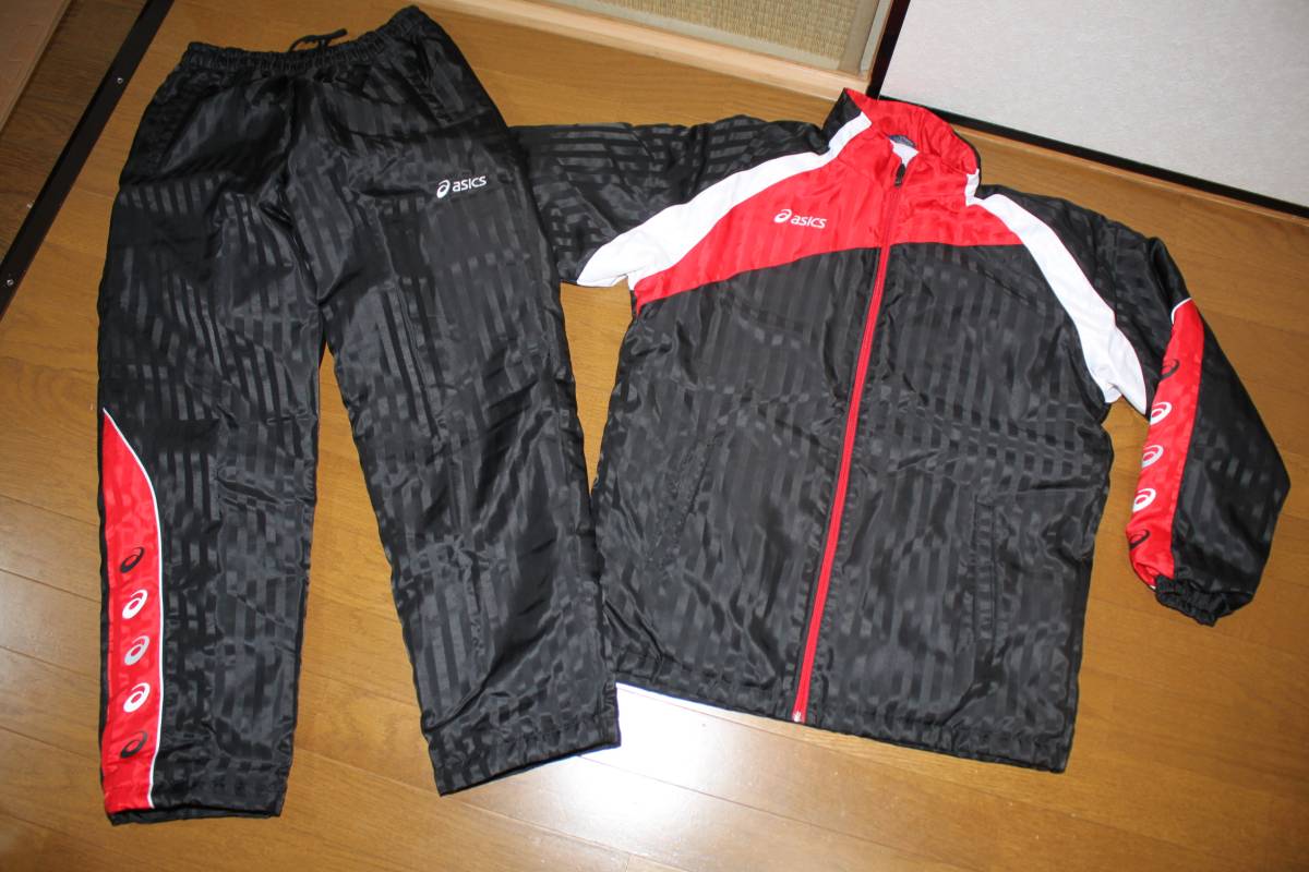 美品アシックスasics中綿入り防寒ウインドブレーカー上下セット160㎝　黒白赤