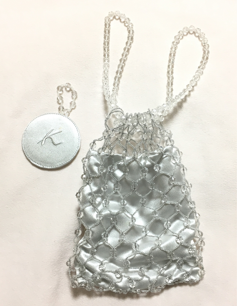 人気◆「Kitamura」キタムラ　キラキラビーズ製パーティーバッグ/クリア/手鏡付き◆結婚式披露宴二次会アンテプリマ