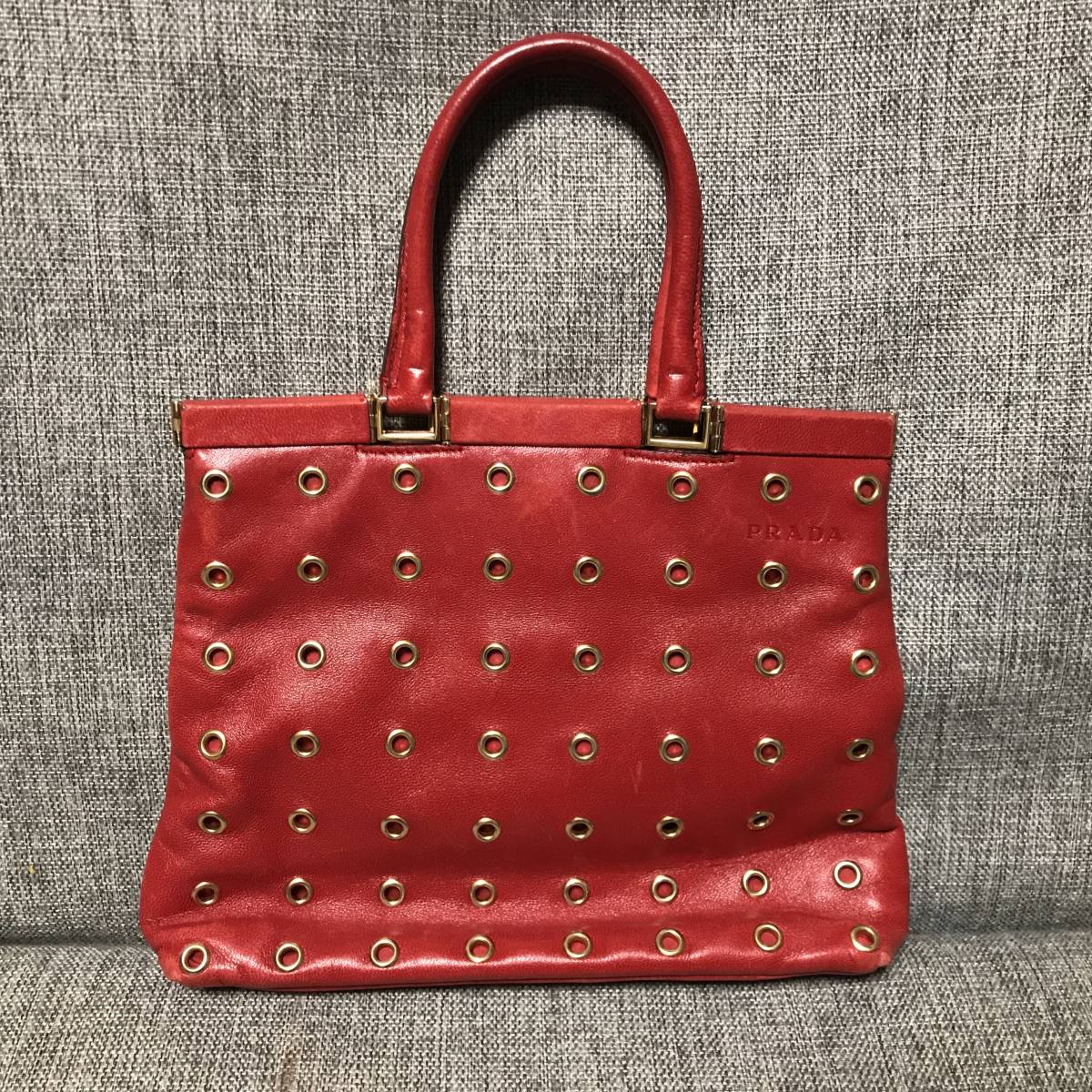 1円 一円 スタート 格安 希少 レア PRADA プラダ トートバッグ BN0189 レッド×ゴールド ハトメ パンチング 牛革 レザー 札AR