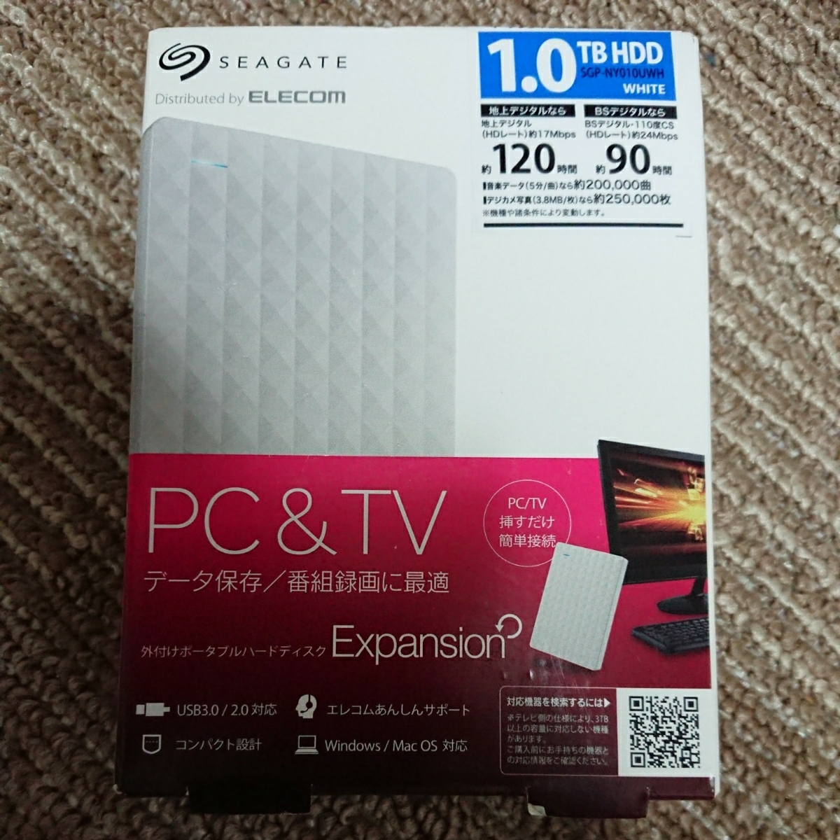 新品未開封、SEAGATE 1TB SGP-ＮX010UBK TV，PC両方で使えます。
