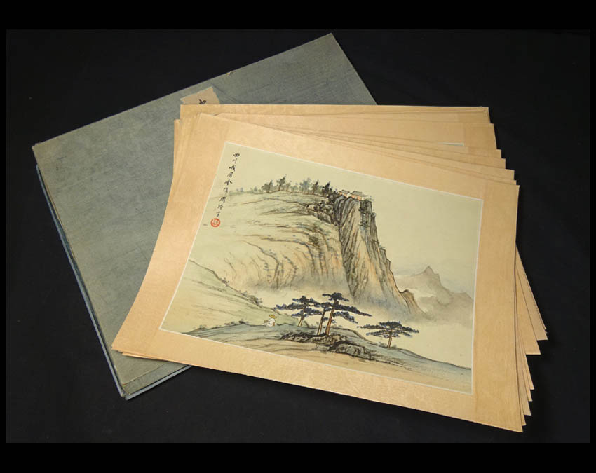 【模写】緑屋*南■n 中国画12枚まとめて 在銘 周玲宇等 山水図 中国古玩 箱付き 印刷ではない/112014/#80