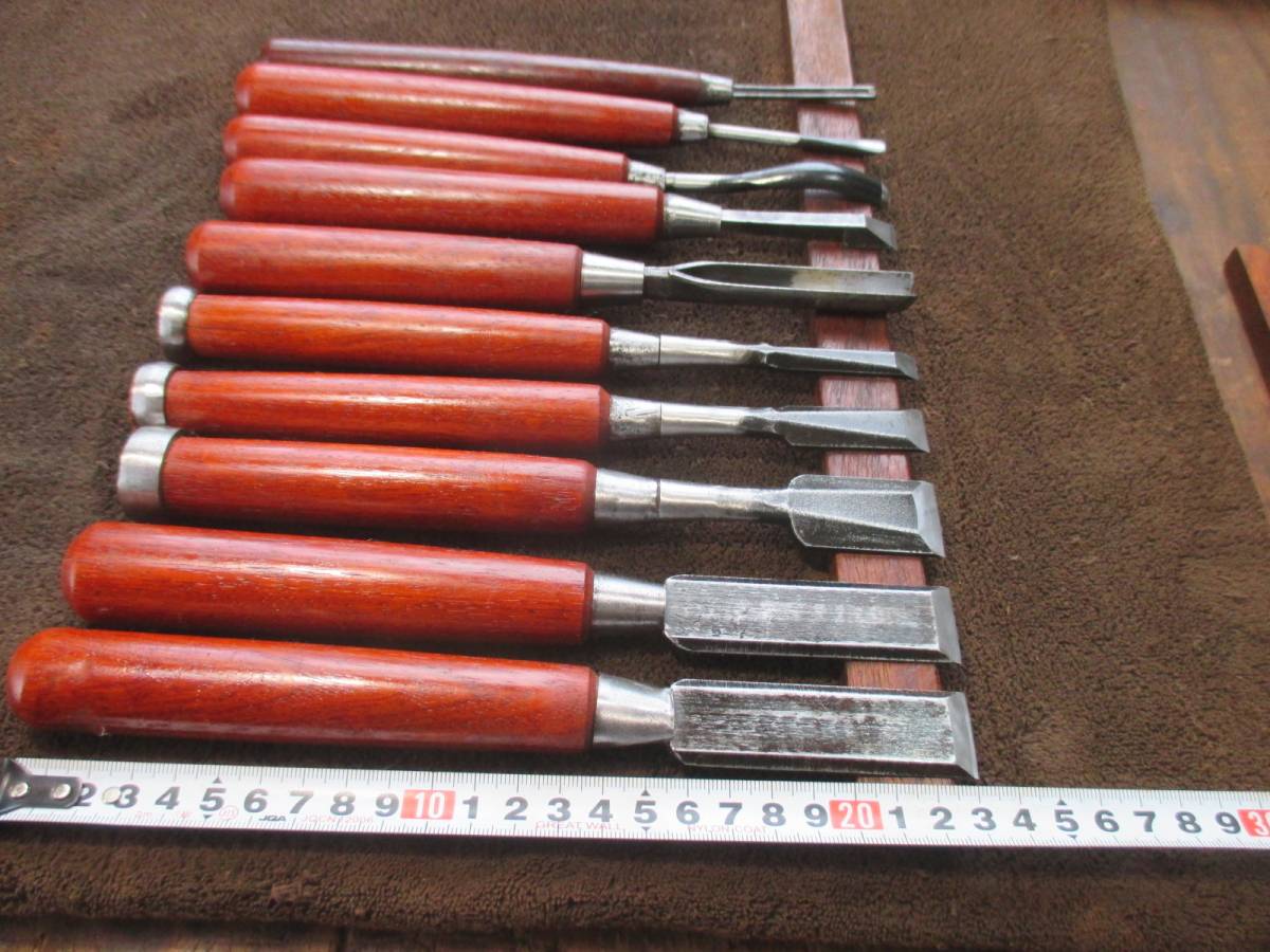 鑿 彫刻鑿 10本 色々な鑿 手作り花梨柄 刃巾8分～2分 大工道具 