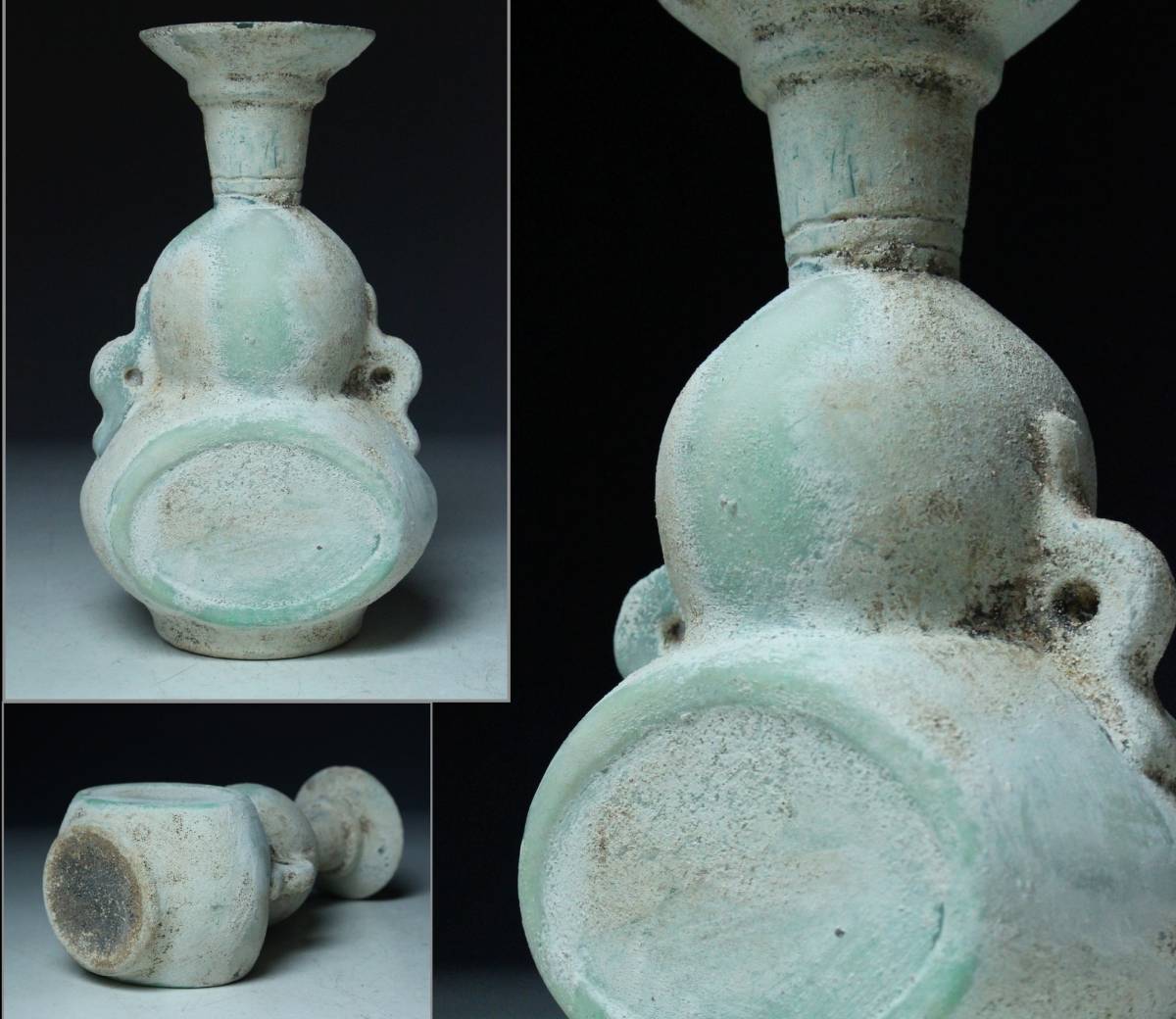 櫻】古美術品 古代ローマンガラス 耳付花瓶 花器 発掘品 [yt] 花瓶□