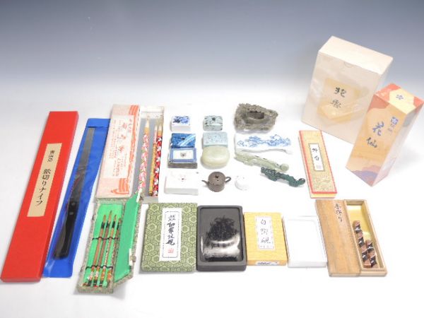 2003/◇書道具 まとめて沢山 筆/硯/墨/紙切りナイフ等 未使用品含 開明/桂林堂/西田筆舗謹製等 文房具