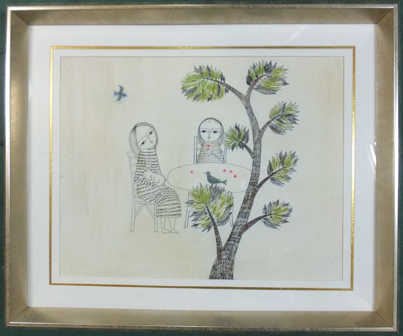 南桂子 銅版画 南桂子 「猫を抱く少女」 額装6号 EA版 肉筆