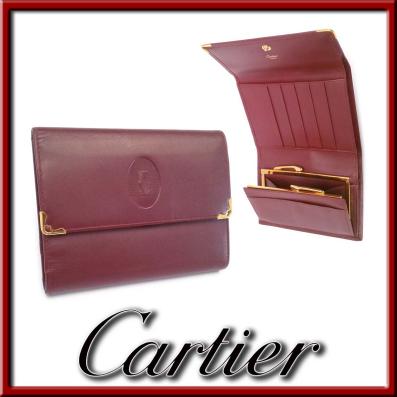 新品同様-超美品（展示新品）カルティエ 三つ折り がま口財布 ゴールド金具 レザー ボルドー ワインレッド appre3454【一撃即決】
