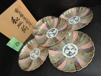 G3E○林九郎 作 献上 錦菊 割内外 有田焼 和皿揃 5枚セット 23cm (中皿 