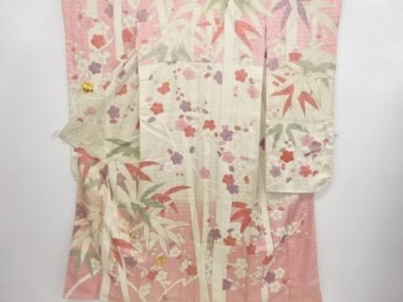 宗sou アンティーク 竹笹に梅模様刺繍振袖 宗sou アンティーク 宗 袋帯（材料）アンティーク中古着 竹笹に花模様 振袖ネットレンタル：紺色に梅シンプルだけど上品な古典柄&frasl;KH-143