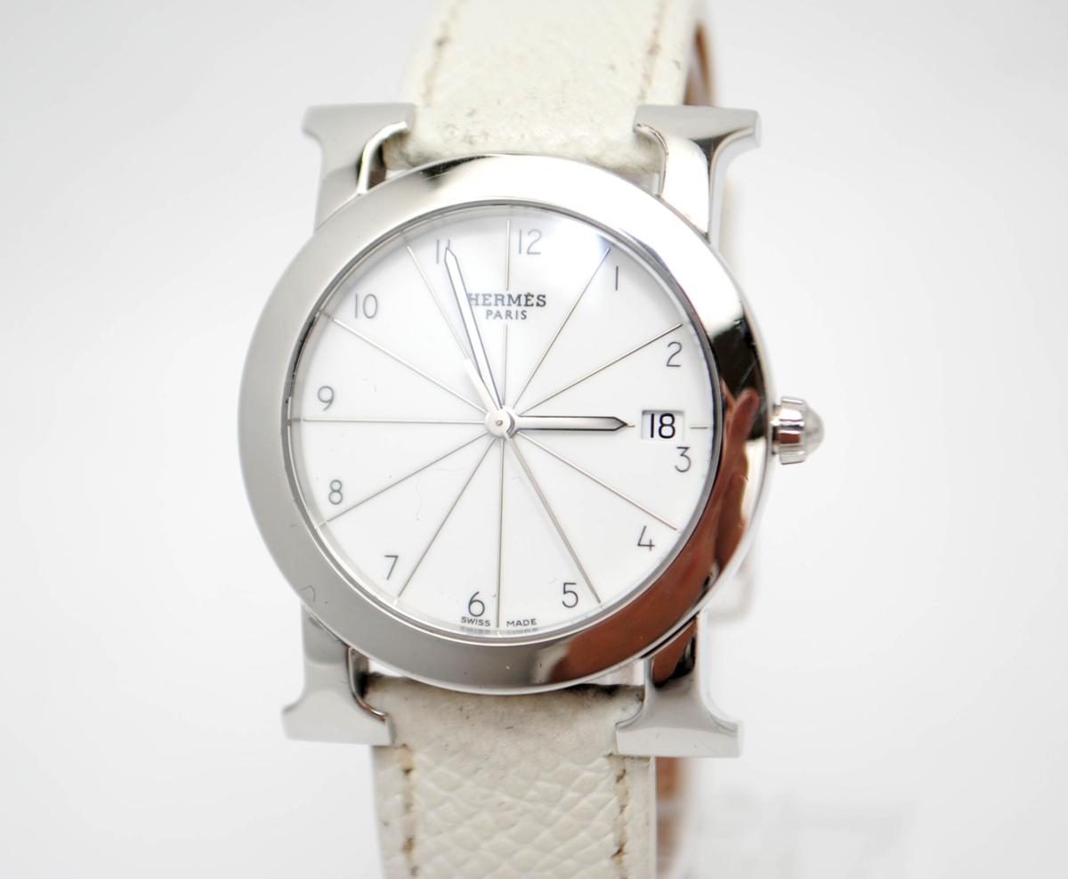 【nanahachiya】エルメス HERMES Hウォッチロンド HR1.510 ホワイト革ベルト M刻印 動作OK 中古美品（流通量の少ないモデルです）
