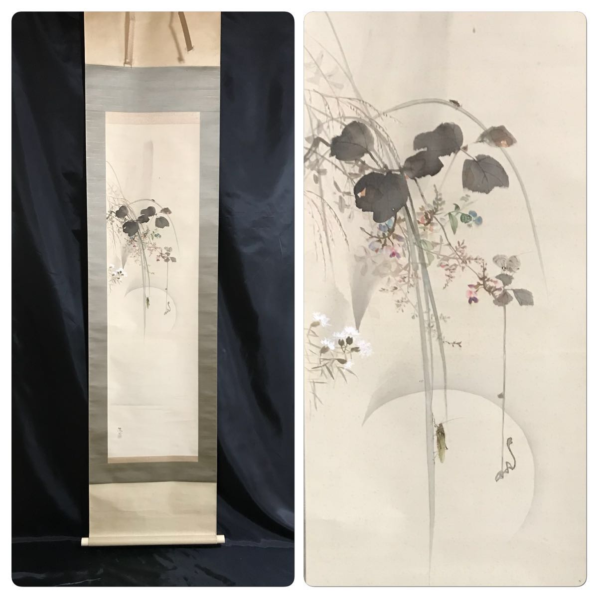 三島蕉窓「秋草月虫之図」絹本 肉筆保証 花図 虫図 風月 絵画 掛軸