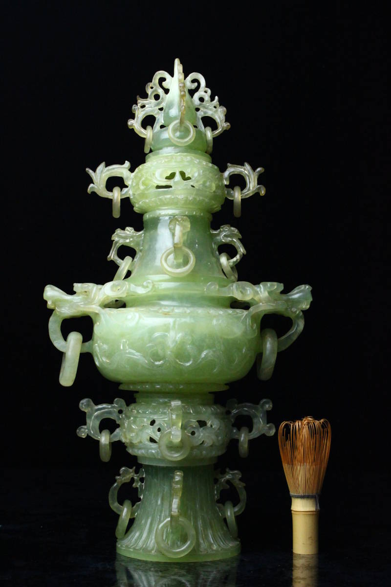 新品，限定セール 【櫻】中国美術 砡製 細密龍耳環付透細工塔香炉