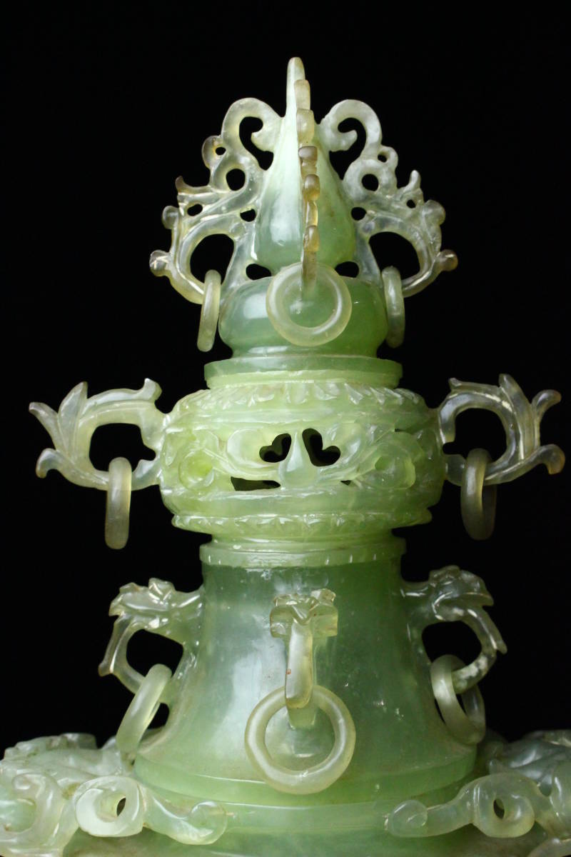 新品，限定セール 【櫻】中国美術 砡製 細密龍耳環付透細工塔香炉
