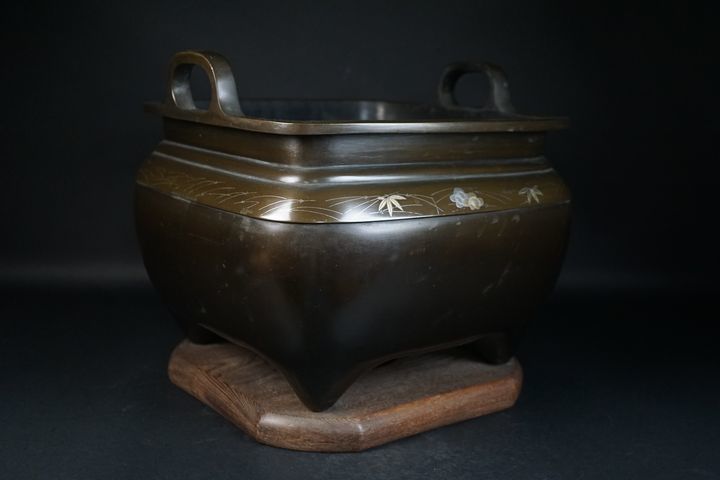 五山】時代宣徳銅 松竹梅銀象嵌四方瓶掛火鉢 n-94