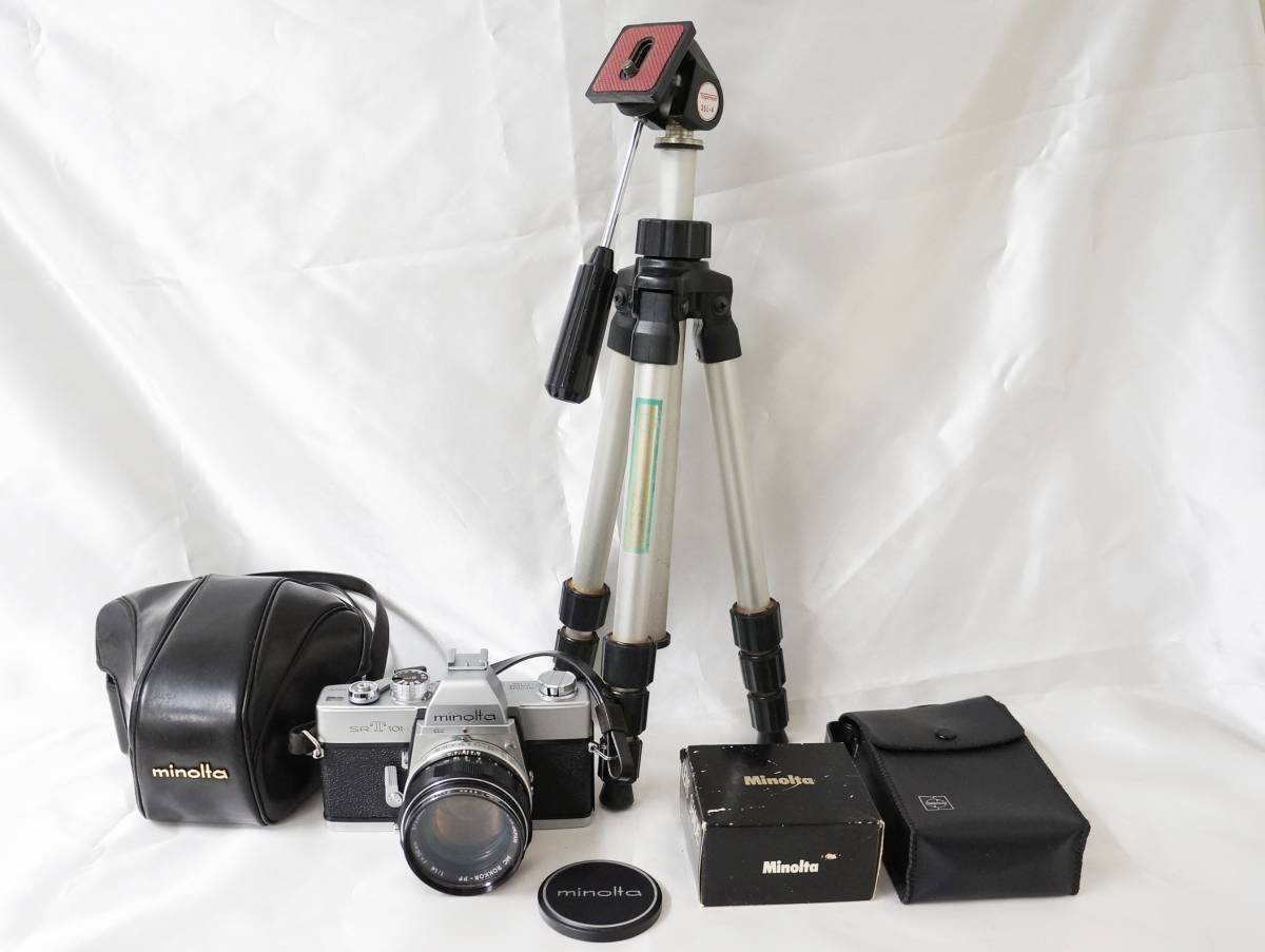 MINOLTA　ミノルタ　SRT101　レンズ　MC ROKKOR-PF　1：1.4　ｆ＝58㎜　フィルムカメラ　一眼レフ　カバー　三脚　ストロボ付き　C