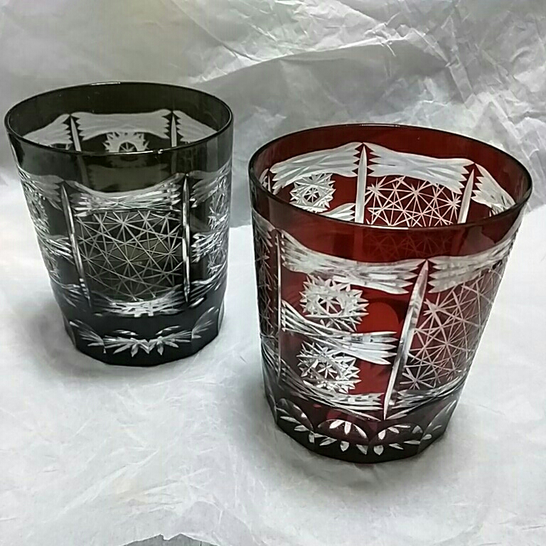 美品 切子◇グラス ペア 赤 黒 カットガラス/色被/伝統工芸/検 江戸 