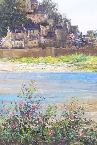 美術品 鈴木福男『水辺の城』油彩 油絵 額 額装