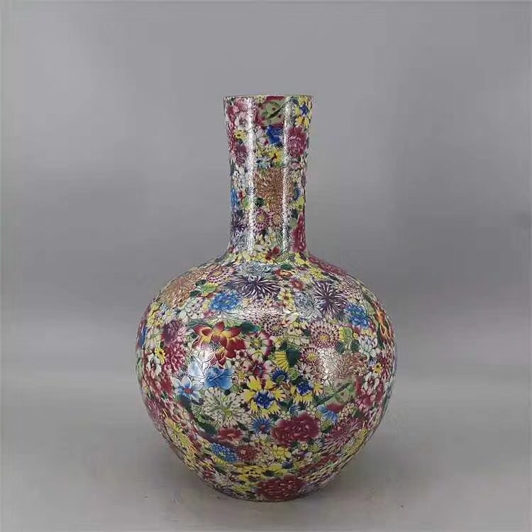 鴻】・【伝来】Q350 陶芸 清「雍正銘粉彩萬花描金天球瓶」時代保証