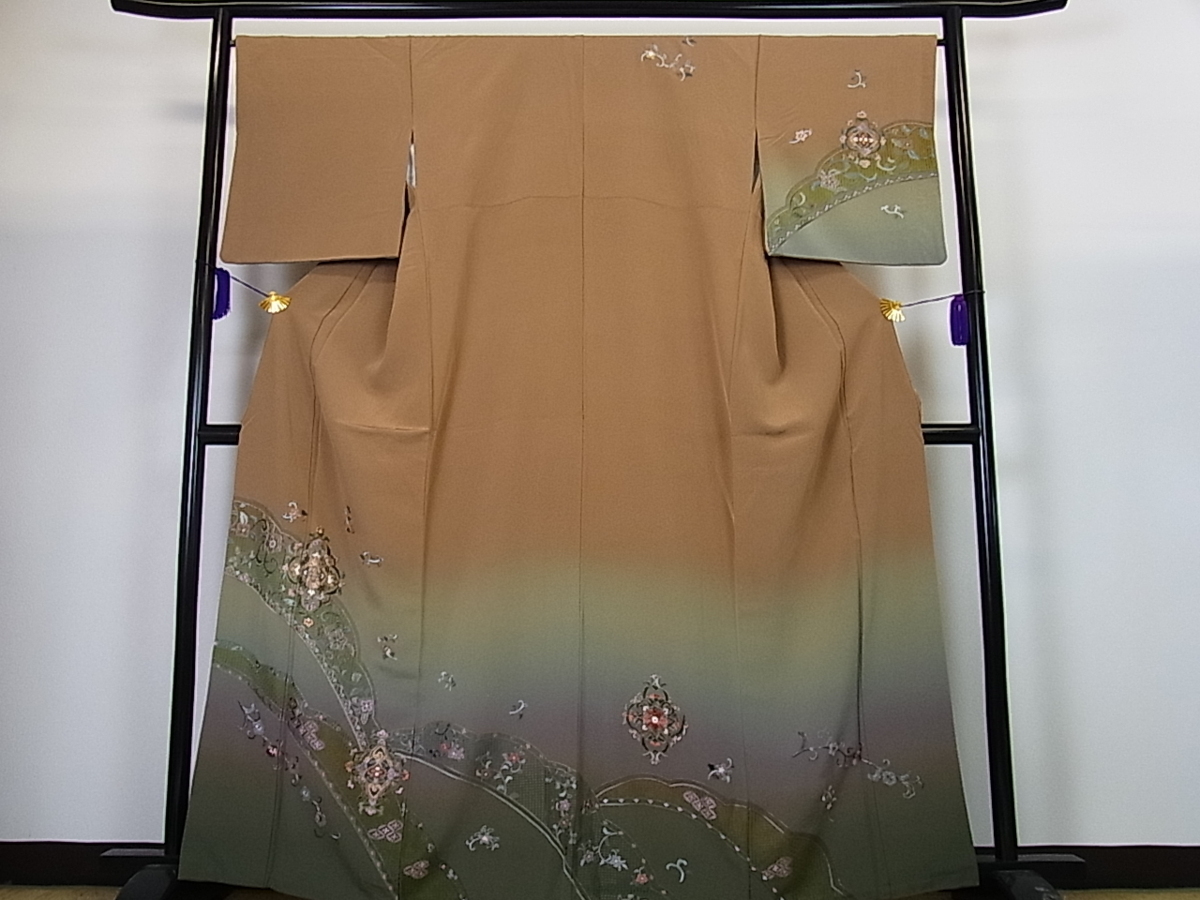 訪問着　フルセット　短冊　萩　橘　綸子　金駒刺繍　七五三　入学式　卒業式　L2 楽天市場】訪問着レンタル t1004 アイボリー 短冊に花 正絹 新品足袋