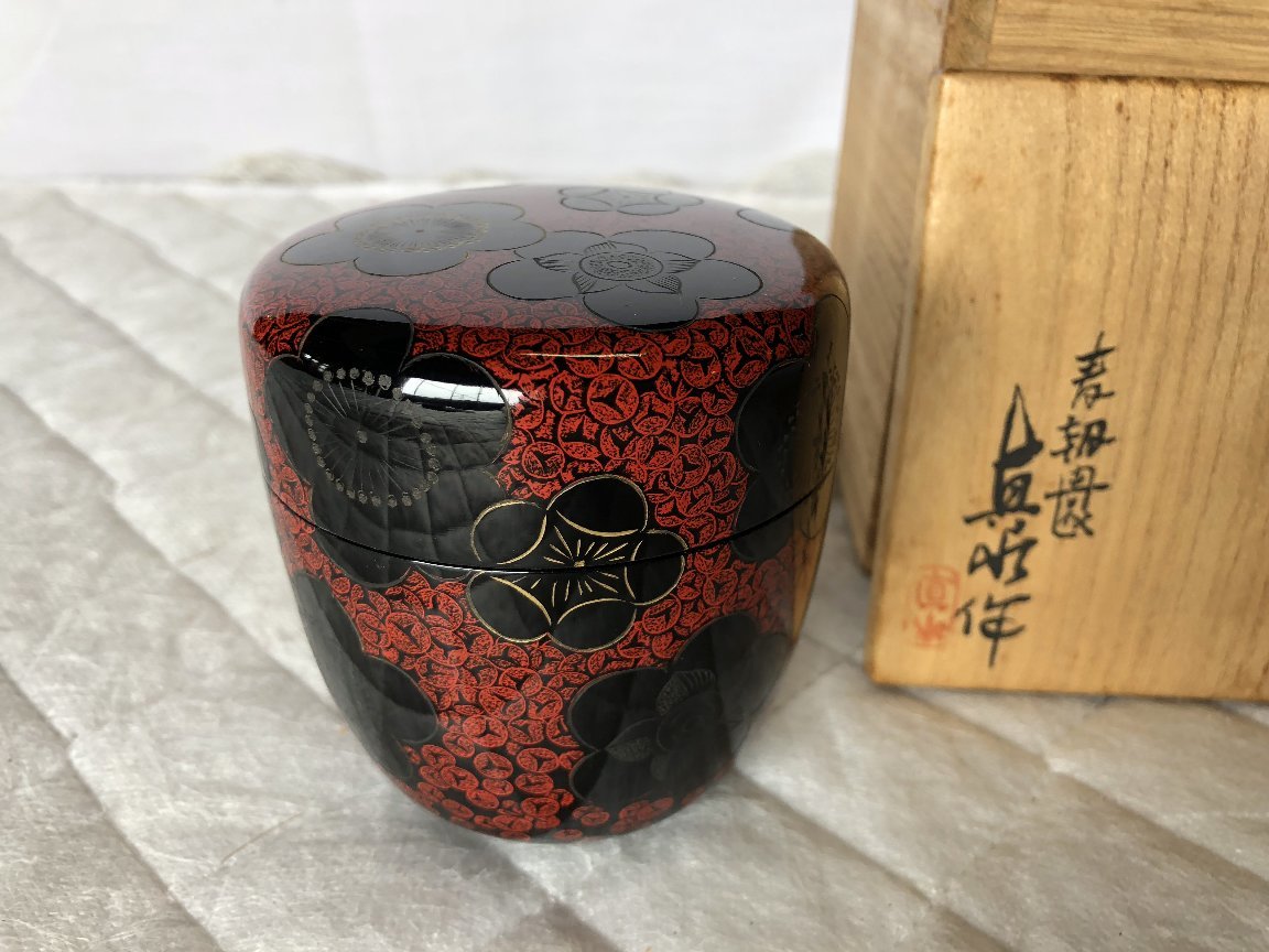 D02440 中村宗廣 黒塗 鱗鶴蒔絵 大平棗 薄器 茶道具 共箱