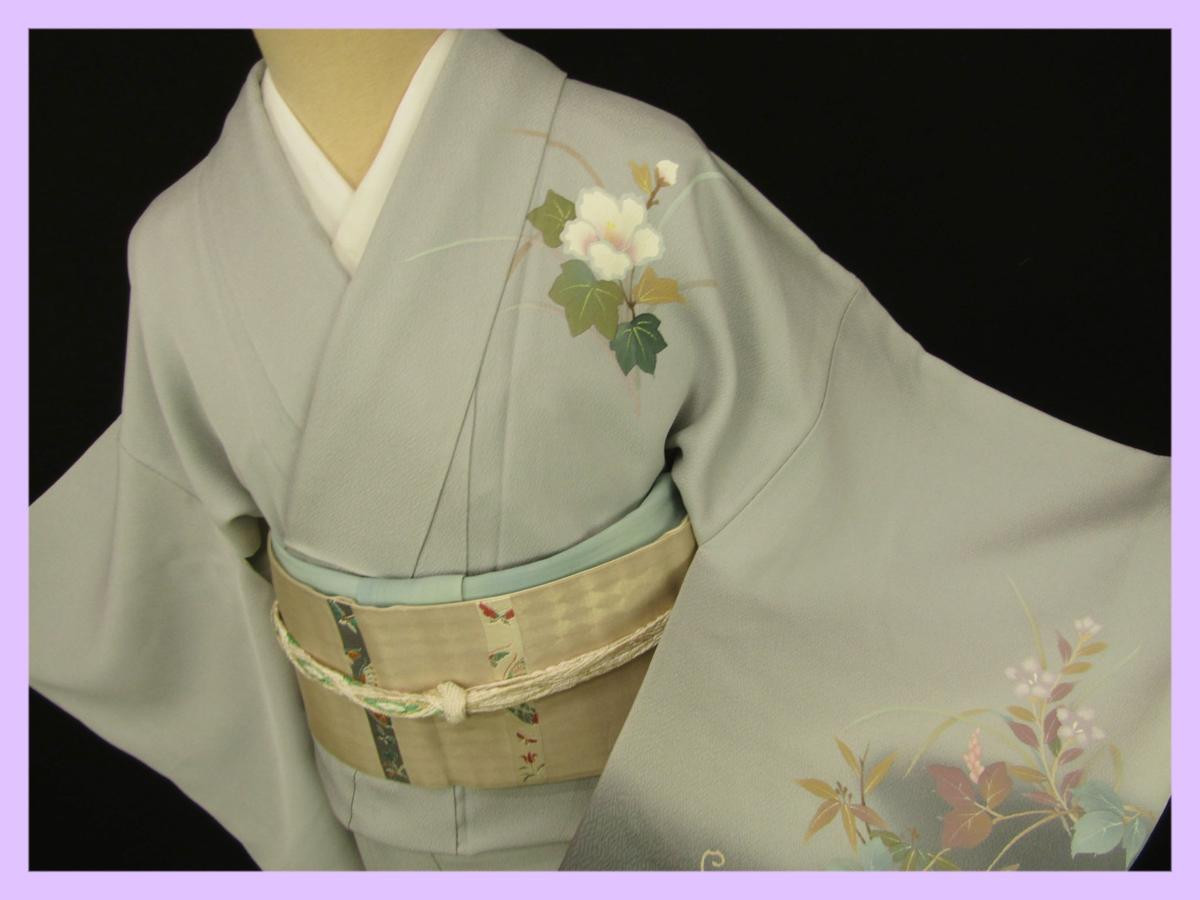 ◇衣紋屋◇5259 落款入り 訪問着 秋草文様 袷 正絹 薄墨 **