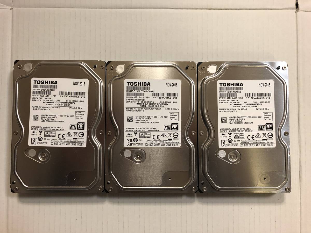 ★　使用80時間未満　3.5インチHDD 500GB TOSHIBA 中古3個セット　★