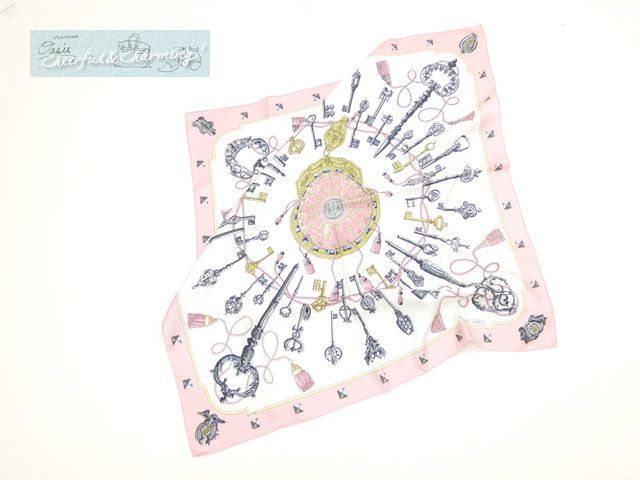 美品 HERMES カレ90 シルクスカーフ 鍵柄 ピンク系 LES CLES ☘️美品