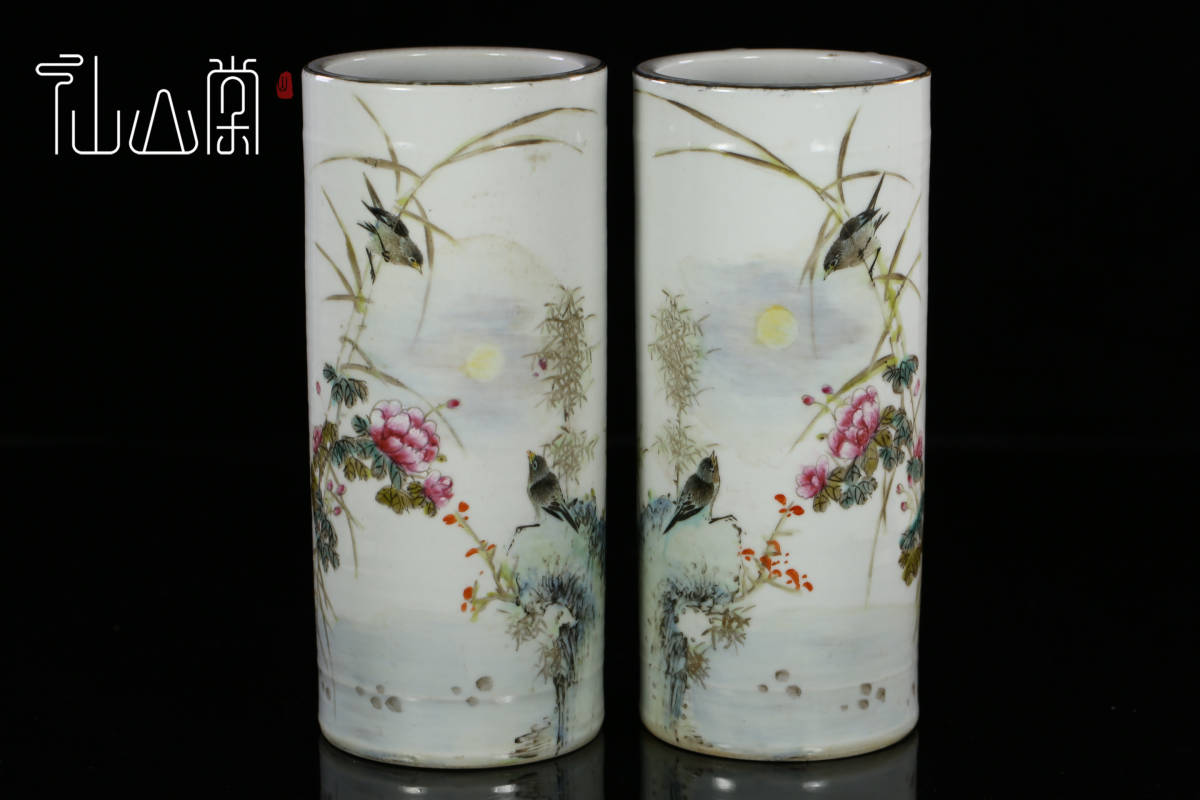 1809C40012】中国古董品 粉彩 時代唐物『絶影凌風』帽筒 1