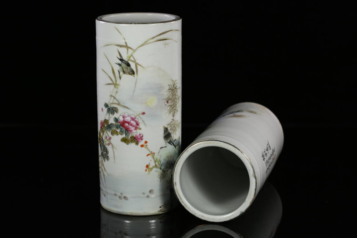 1809C40012】中国古董品 粉彩 時代唐物『絶影凌風』帽筒 1