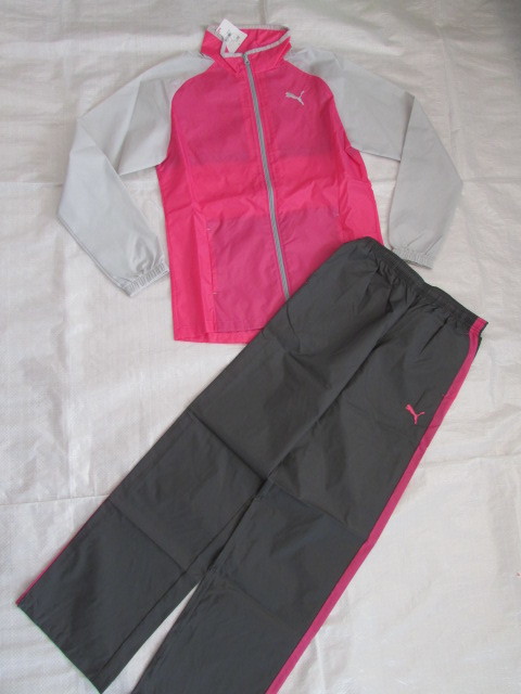 新品 未使用 タグ付き プーマ PUMA 裏地付き 上下 セットアップ ウインド ブレーカー ジャケット パンツ グレー&frasl;ピンク ウイメンズ Lサイズ