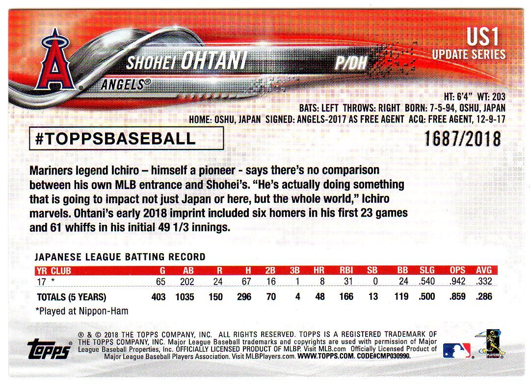 大谷翔平ルーキーカード 2018 Topps Update #US1 gold 【公式通販】