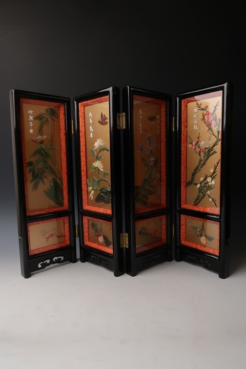 遅日亭】中国美術 珊瑚 玉細工 花鳥彫 木製 四曲 小屏風 小衝立 l1482T