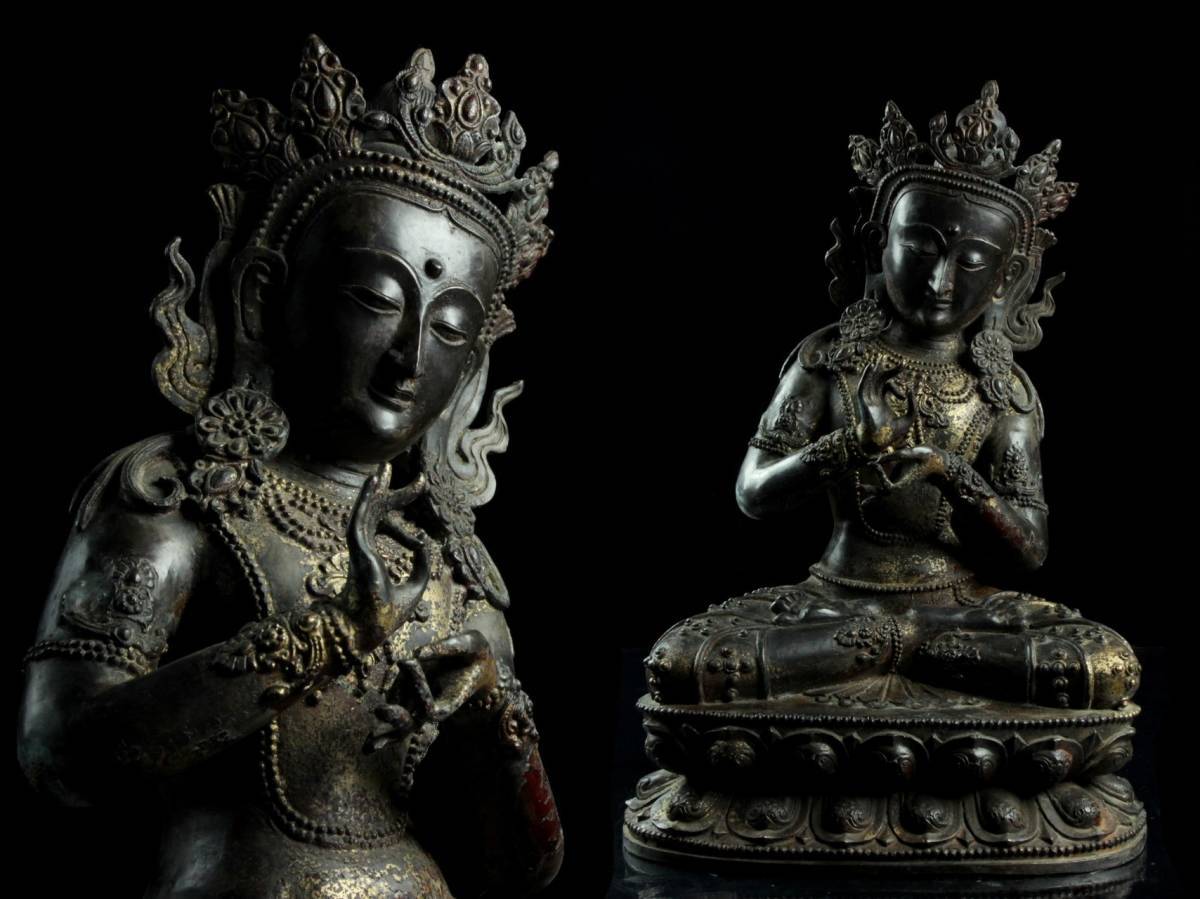 中国仏教美術 如意持ち菩薩 仏像 広州陶芸 ◇澄◇ 中国古玩 銅製 観音菩薩像 51cm 12kg チベット仏 鍍金 細密彫
