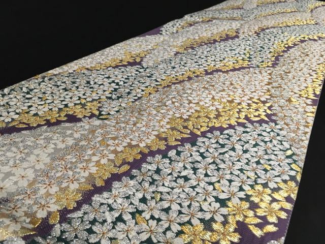 バイセル 着物 名品 袋帯 紫 桜 幾何学模様 唐織 金糸 箔 六通 正絹 ☆☆☆☆