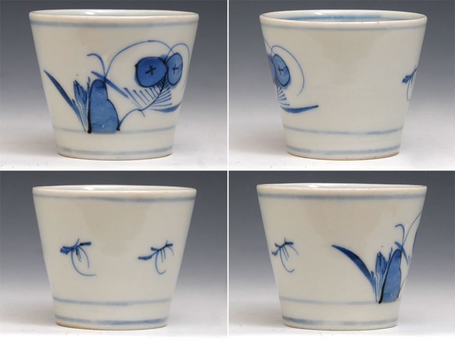 古伊万里染付 花蝶文そば猪口 4客 蕎麦猪口 そばちょこ 古