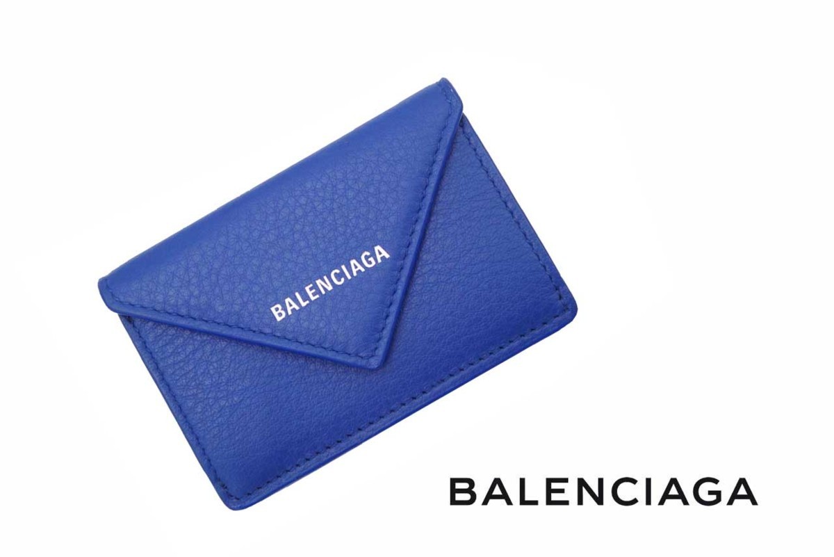 E148 BALENCIAGA バレンシアガ ロゴ ペーパー ミニ ウォレット レザー 財布 イタリア製 ★ ロイヤルブルー 4130