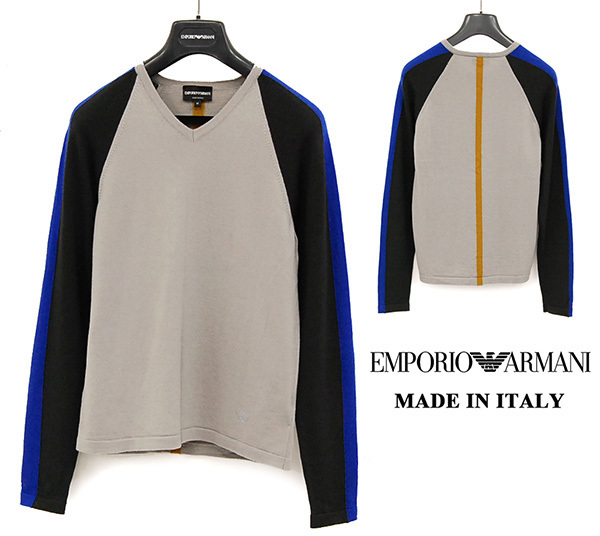 驚きの破格値，大得価 定価￥48 600 イタリア製 エンポリオアルマーニ EMPORIO ARMANI 黒タグ イーグルロゴ ヴァージンウール100％ Vネック薄手ニットセーター/46(セーター)｜売買されたオークション情報、yahooの商品情 男性用