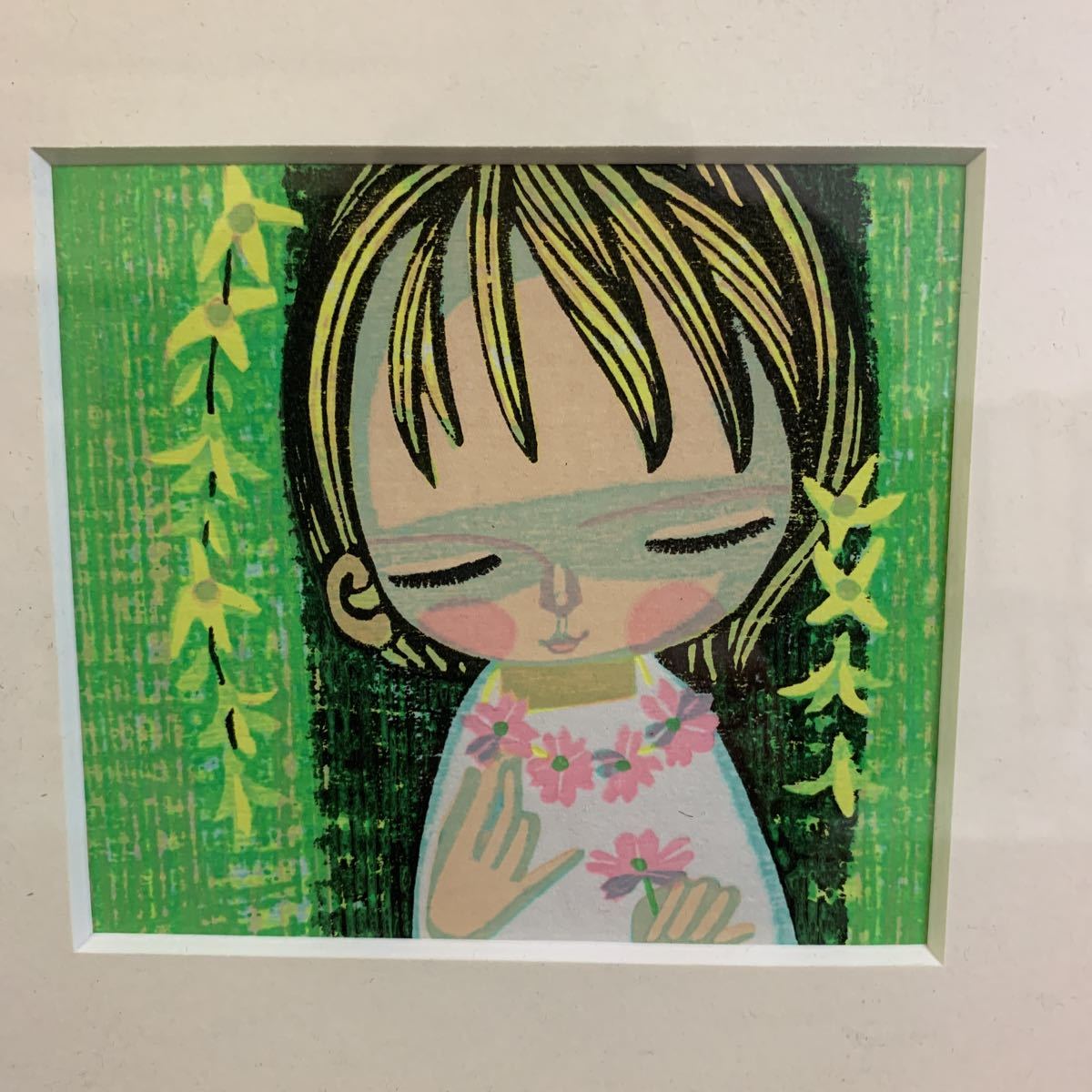 直筆サイン/池田修三『九月』 1982年 木版画 果物と少女 直筆サイン/池田