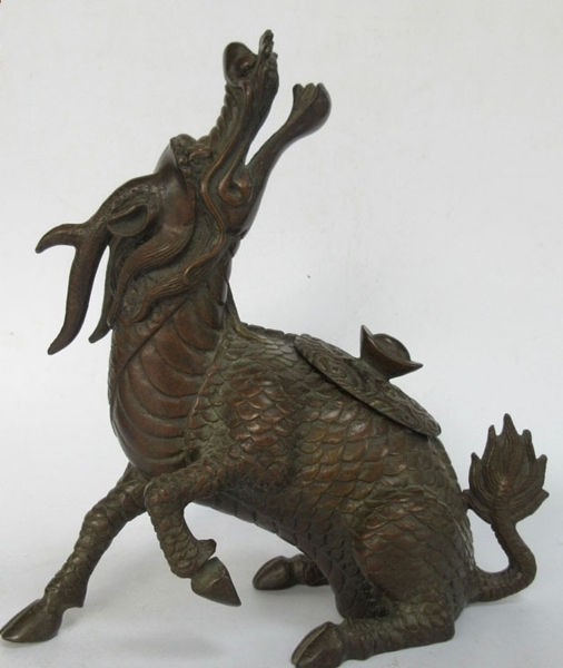 香炉・青銅・麒麟・灰付き・No.230119-12・梱包サイズ60 香炉・青銅