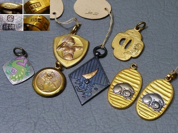 ▲601677/04▲K14・K10刻・純銀刻等時代金工細工古いペンダントトップまとめて/猫に小判彫金象嵌アクセサリーアンティーク